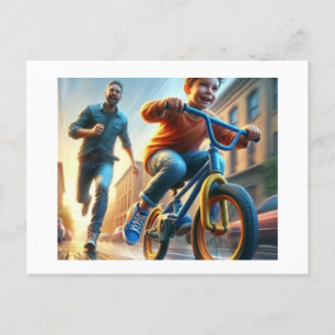 Aprendizaje infantil en bicicleta, postal
