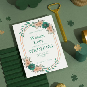 Apricot Peach Emerald Simple Wedding Invitación