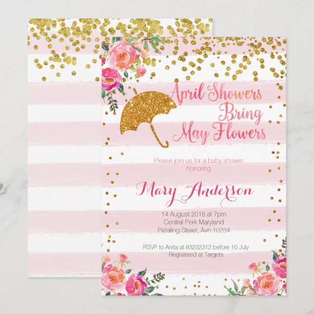 April Showers Invitación Baby Shower Gold Pink (Anverso / Reverso)