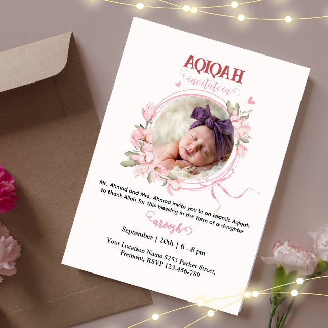 Aqeeeqah floral rosada- Aqiqah- Invitación (Subido por el creador)