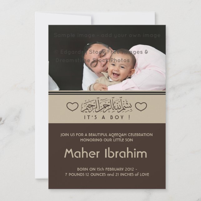 Aqiqah Aqeeeqah foto bebé invitación (Anverso)