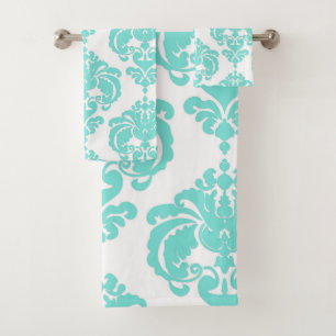 Aqua Azul Teal y Blanco Damask Glam Real