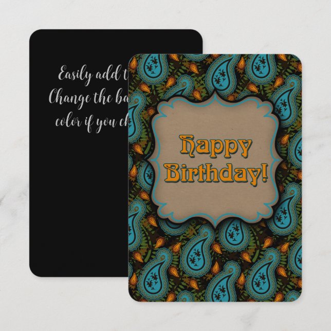 Aqua Black Paisley Birthday Elegance (Anverso / Reverso)