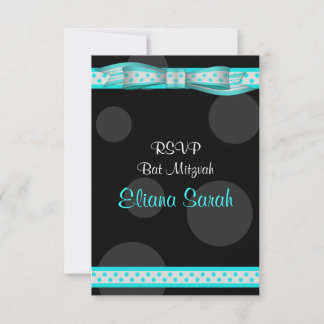 Aqua Black Polka Dots Ribbon Bat Mitzvah RSVP Card