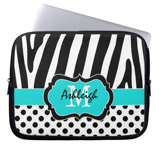 Aqua Black Zebra Stripes Polka Dots Laptop Funda (Frente)