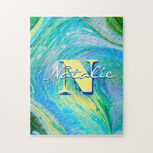 Aqua Blue Acrylic Flow Art Jigsaw Puzzle