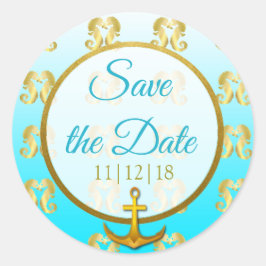 Aqua Blue and Gold Seahorse Salven a los Pegatinas