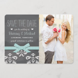 Aqua Blue Chalkboard Lace & Bow Guardar tarjeta de
