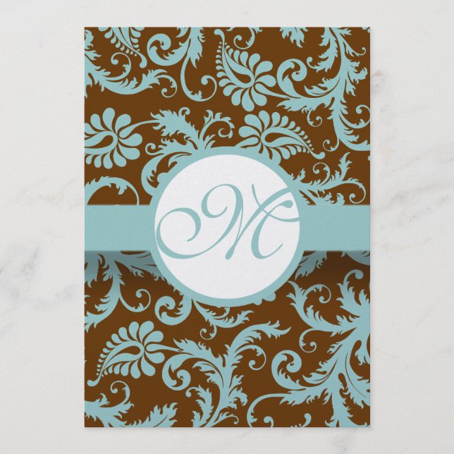 Aqua Blue on Brown Damask Wedding Menu (Anverso)