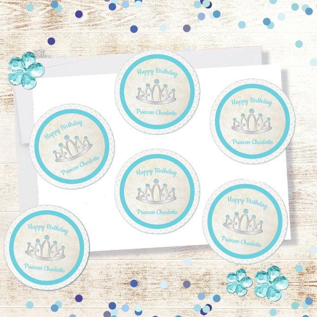 Aqua Blue Princess Tiara Birthday Party Pegatinas (Subido por el creador)