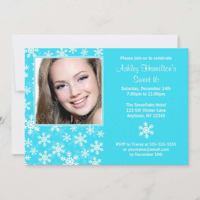 Aqua Blue Snowflakes Foto Dulce 16 Invitaciones (Anverso)