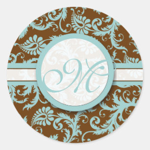 Aqua Blue sobre los Pegatinas de la boda de damasc