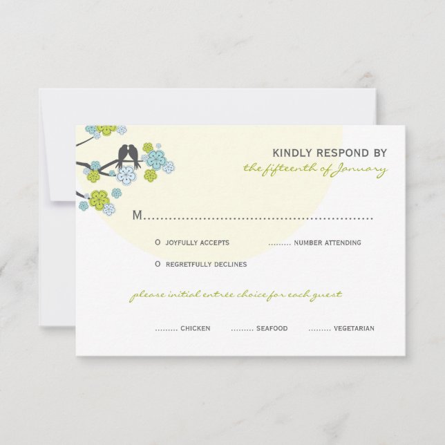 Aqua Cherry Blossoms Amo Aves Boda Tarjeta RSVP (Anverso)