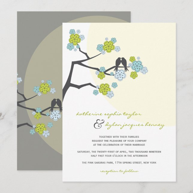 Aqua Cherry Blossoms Amor Aves Invitación a la Bod (Anverso / Reverso)