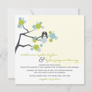 Aqua Cherry Blossoms Amor Aves Invitación a la Bod