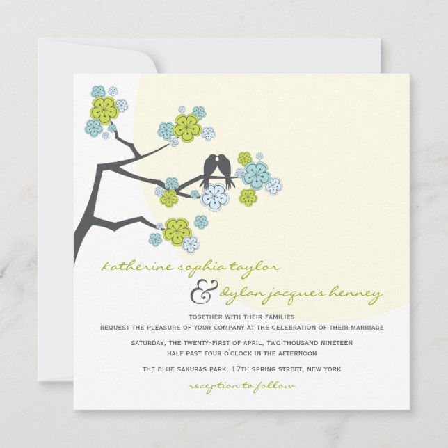 Aqua Cherry Blossoms Amor Aves Invitación a la Bod (Anverso)