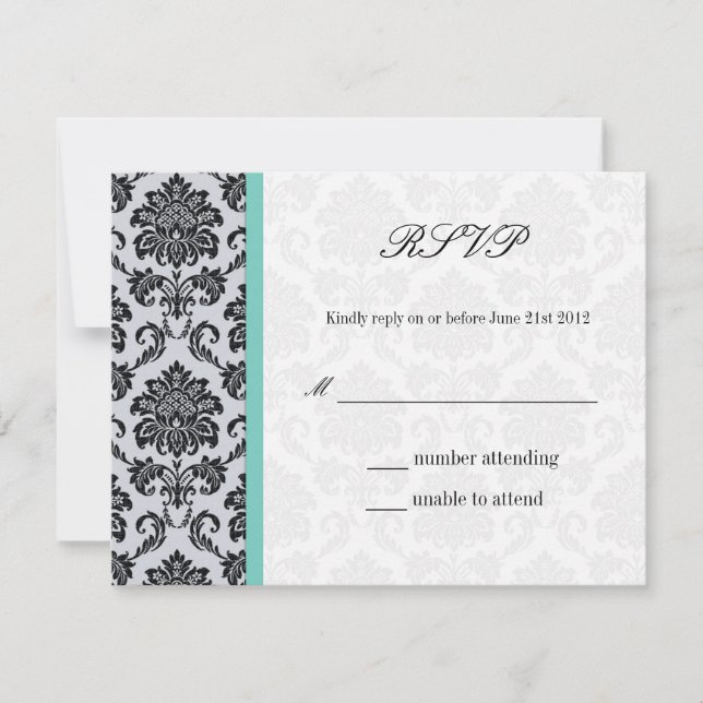 Aqua Damask Monograma Wedding RSVP (Anverso)