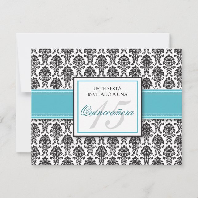 Aqua Damask Quinceañera Invitación (Anverso)
