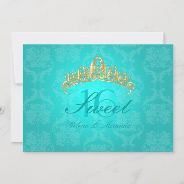 Aqua Damask Sweet 16/ tiara/turquesa invitaciones (Anverso)