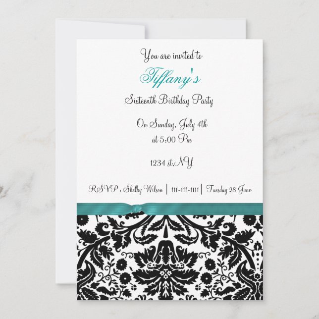 aqua damask Sweet Dieciséis invitaciones para fies (Anverso)