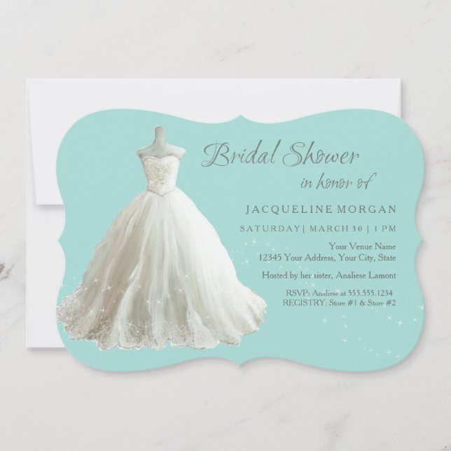 Aqua Elegant Wedding Gown Bridal Shower Invitación (Anverso)