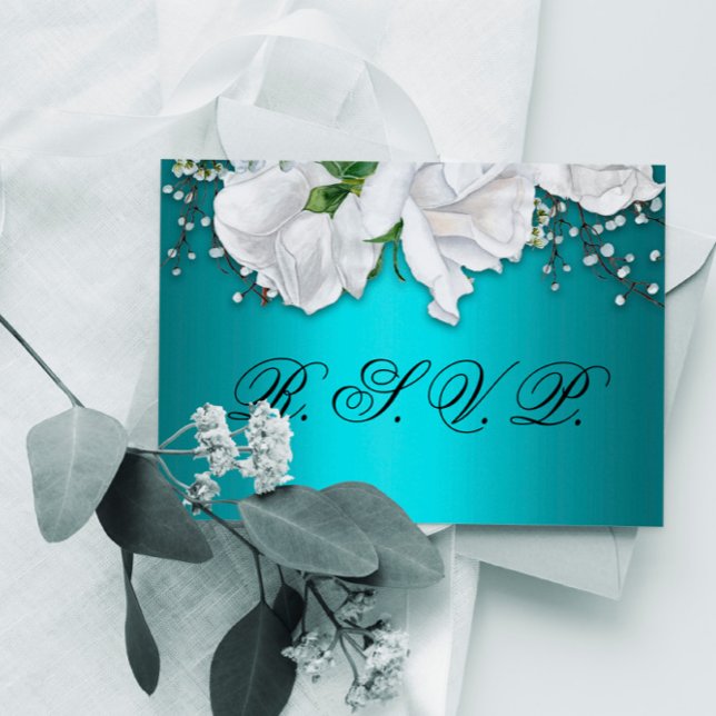 Aqua Elegant White Floral Wedding RSVP (Subido por el creador)