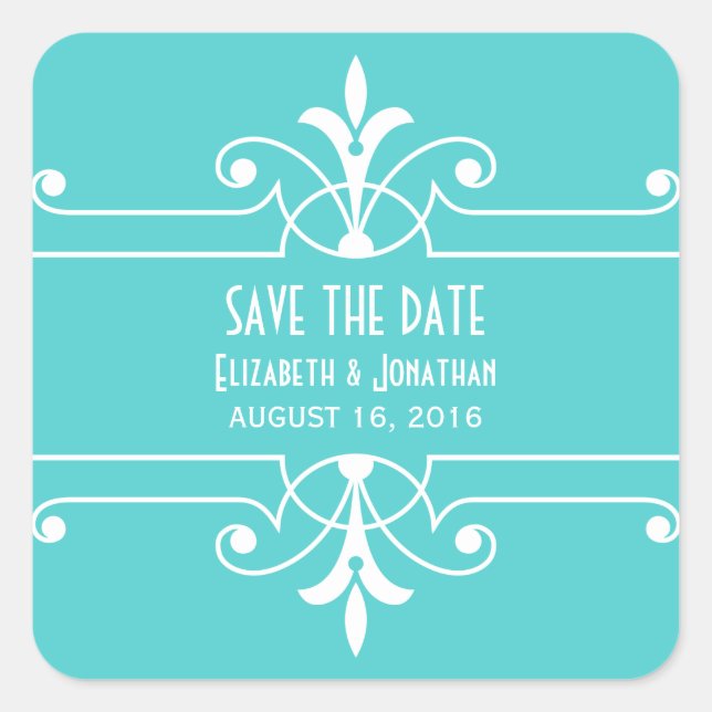 Aqua Fancy Ornamental Save the Date Pegatinas (Anverso)