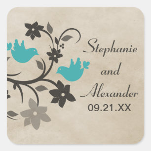 Aqua Floral Lovebirds Bodas Pegatinas
