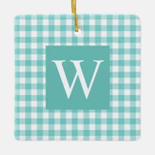 Aqua Gingham Check Ornamento Cerámico Inicial