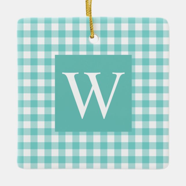 Aqua Gingham Check Ornamento Cerámico Inicial (Anverso)