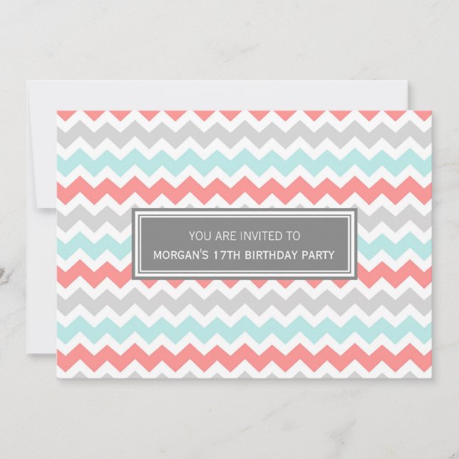 Aqua Gray Chevron 17 cumpleaños invitación a fiest (Anverso)