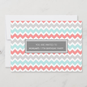 Aqua Gray Chevron 17 cumpleaños invitación a fiest