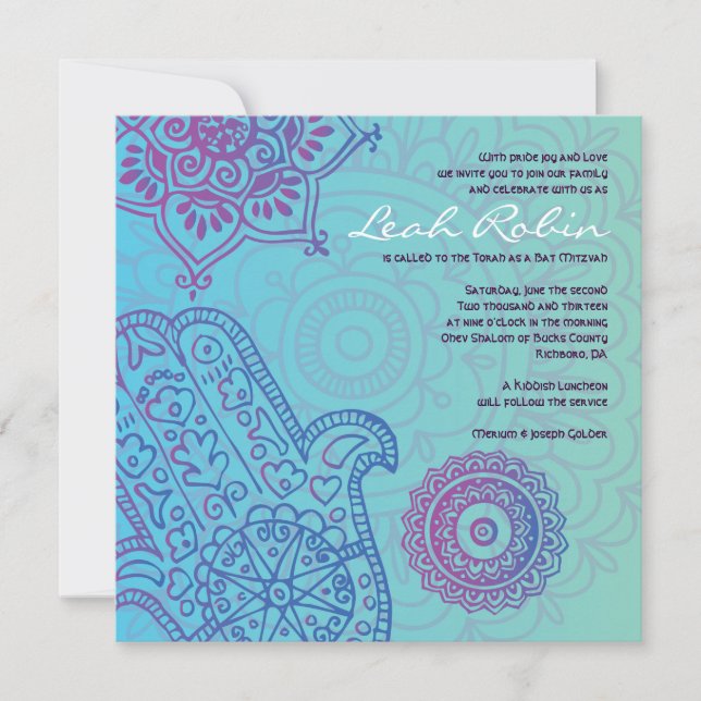 Aqua HEMSA mano de DIOS Bat Mitzvah Invitación (Anverso)