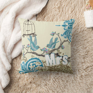 Aqua Hot Pink Birds Sra. Novia Almohada