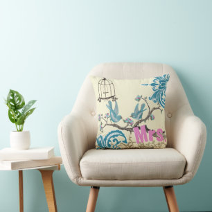 Aqua Hot Pink Birds Sra. Novia Almohada