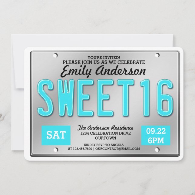 Aqua License Plate Sweet 16 Party Invitaciones (Anverso)
