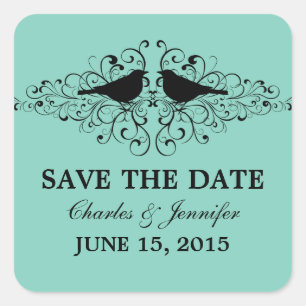Aqua Love Bird Swirls Save the Date Pegatinas