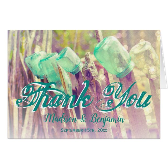 Aqua Mason Jars Fence Post Boda Gracias Cartas (Anverso (Horizontal))