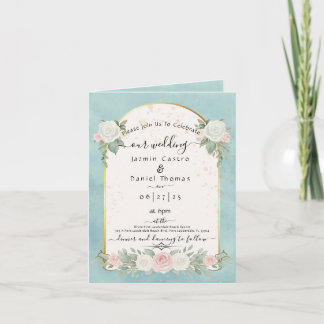 Aqua Mint Floral Arco Dorado Invitación de Boda P