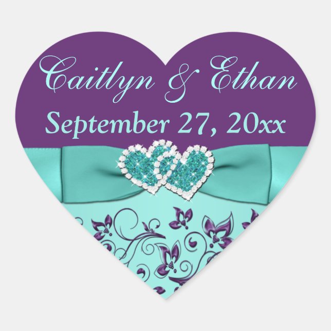 Aqua, Morado Floral, Corazón Pegatina Favor de Bod (Anverso)