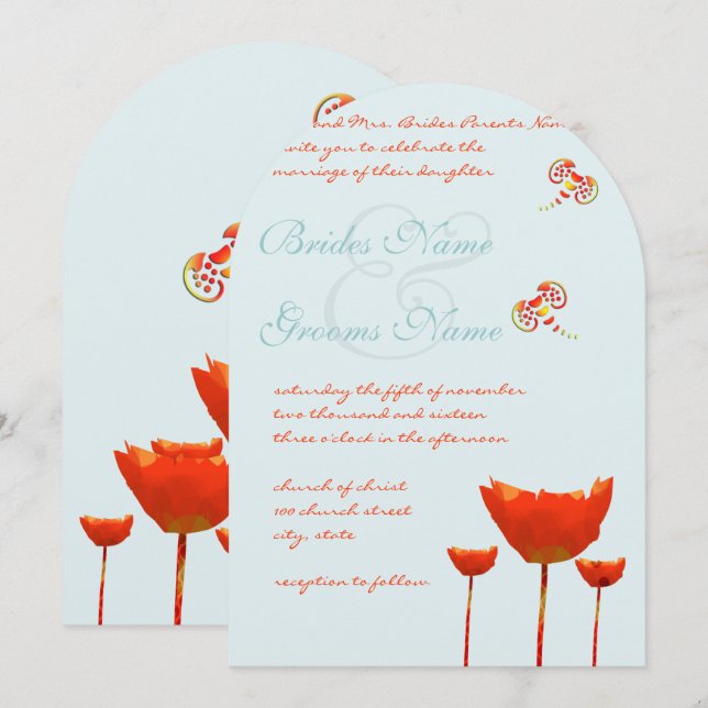 Aqua Naranja Poppies Mariposas Invitación a la bod (Anverso / Reverso)