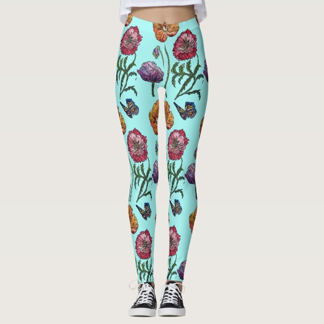 Aqua Pequeña Adormidera Floral Acuática Leggings (Anverso)