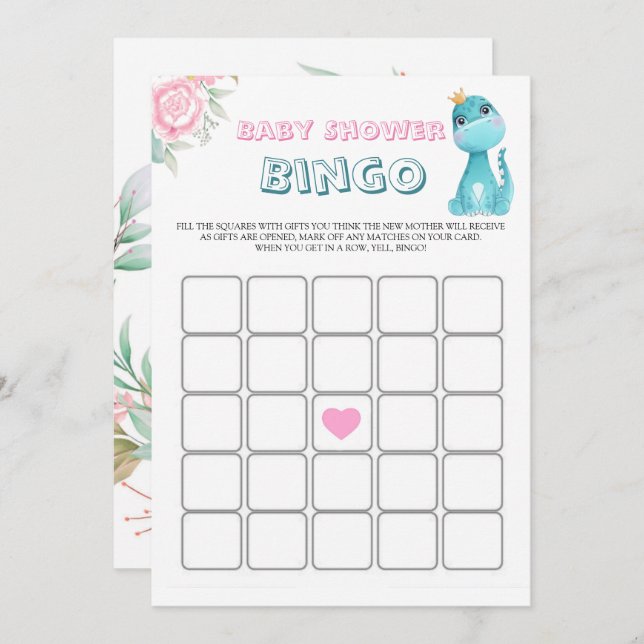 Aqua Princess Dinosaurs Peony Baby Shower Bingo (Anverso / Reverso)