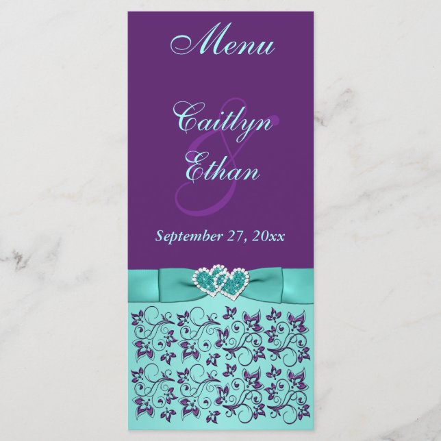 Aqua, Purple Floral, Hearts Menu Card (Anverso)