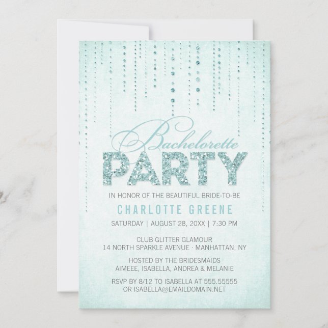 Aqua Purpurina Look Bachelorette Party Invitación (Anverso)