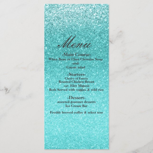 Aqua Sea Blue Purpurina Sparkle Glam Fiesta Menú (Anverso)