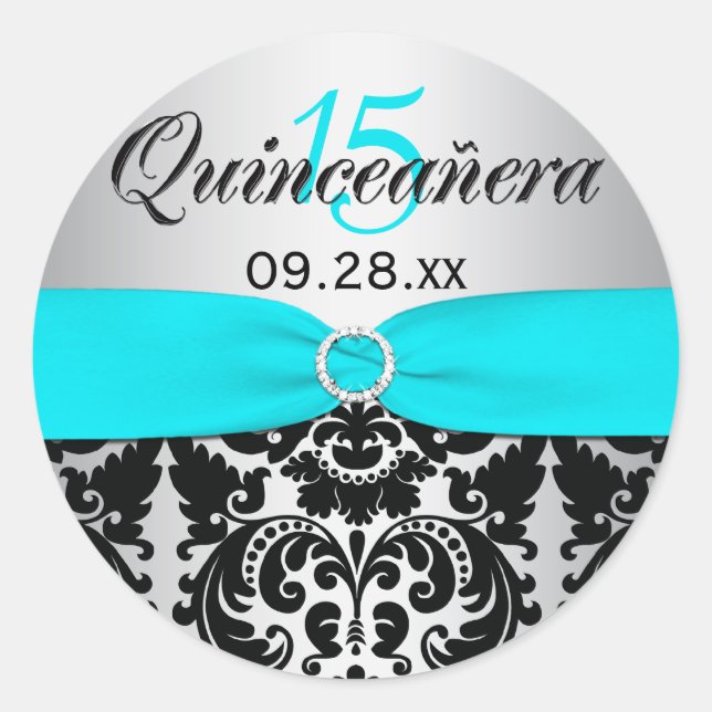Aqua, Silver, Black Damask Quinceanera Pegatina (Anverso)