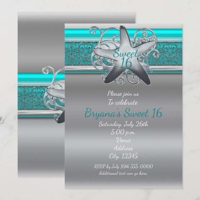 Aqua & Silver Starfish Beach Sweet 16 Invitaciones (Anverso / Reverso)