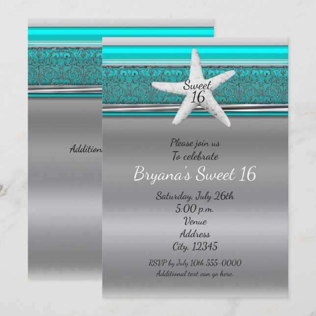 Aqua & Silver Starfish Beach Sweet 16 Invitaciones (Anverso / Reverso)