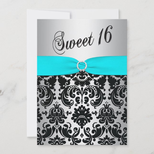 Aqua, Silver y Black Damask Sweet 16 invitaciones (Anverso)